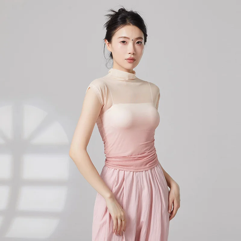 

Женский топ для современного танца с градиентом и короткими рукавами, марлевая одежда, танцевальная одежда, классическое танцевальное тренировочное платье