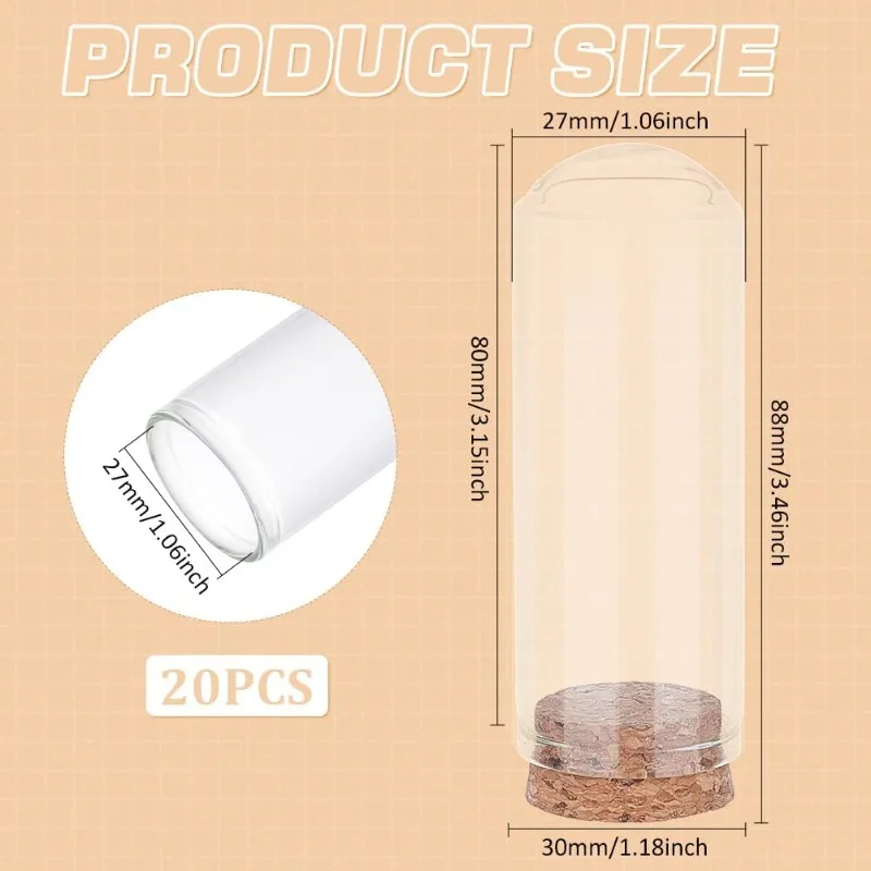 20Pcs Dome Decorative Jars 1.2x3.4inch Glass Display Dome Cloche Glass Bell Jar with Cork Base for Flower Storage Specimens