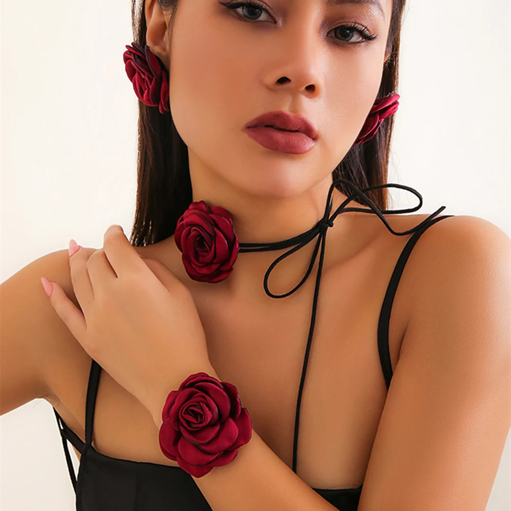 IngeSight.Z Romantic Big Rose Flower Earrings & Necklace Set