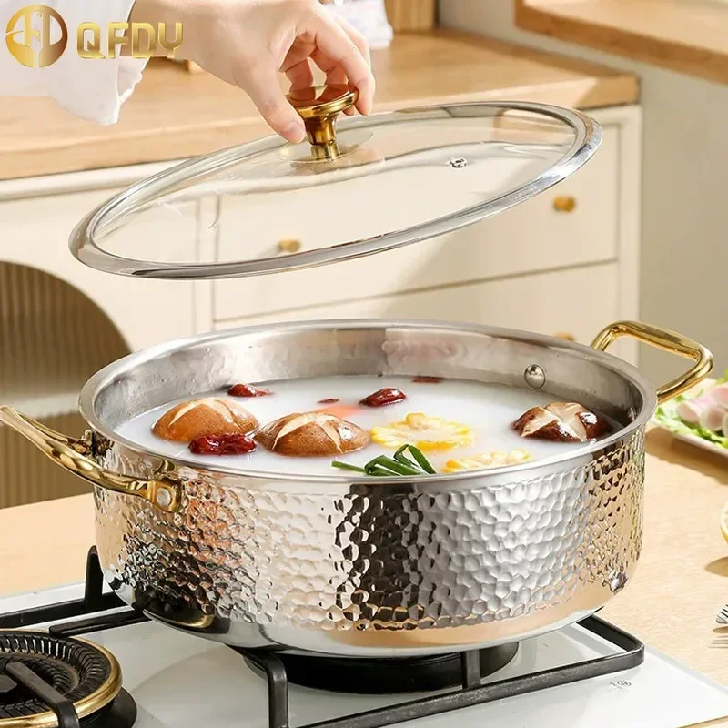 Commercial double flavor hot pot 304 stainless steel hot pat Italian manual hammer printing pot 3-layer steel clear soup pot