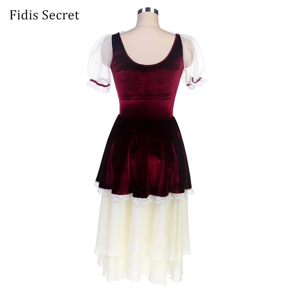 Burgundy Velvet Bodice Ballet Dress,Women Professional Romantic Length Tutu Costumes,Girls Ballerina Giselle Peasant Stage Wear