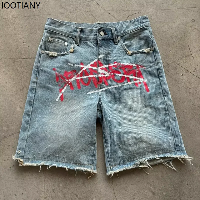 Y2k Retro Graffiti Print Rhinestone Denim Shorts For Men And Women Harajuku Washed Wide-leg American Loose Hip-hop Short Jeans