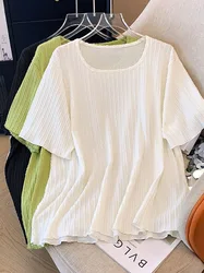 150Kg Plus Size Women's Bust 160 Summer Loose Slanted Needle Jacquard Square Neck Short Sleeved T-Shirt 5XL 6XL 7XL 8XL 9XL