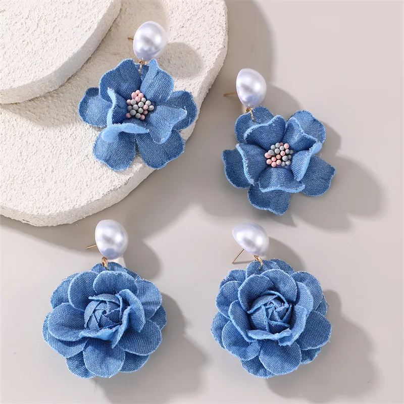 Cowboy fabric rose three-dimensional camellia handmade flower pearl earrings