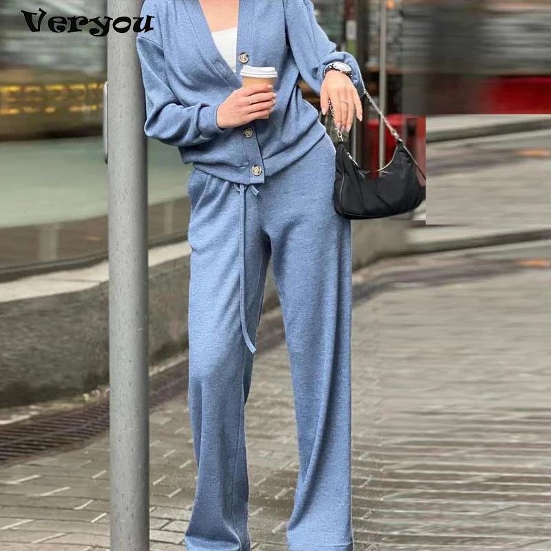 Autumn Winter Women Two Piece Set Button Cardigan Coat Drawstring Plus Size Pants Suit Female Casual Daily Wear