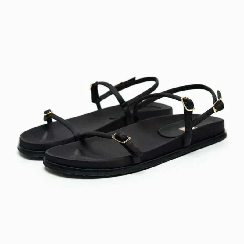 Women Flat Sandals Black Thin Straps 2025 Summer Comfortable Footwear New Design Casual Platform Ladies Beach Shoes Wholesale