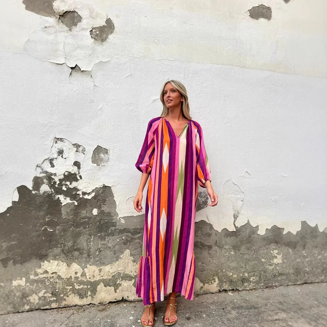Robe décontractée pour femmes, vacances, mode couleur imprimée, col en v, manches sept-quarts, surdimensionnée, ample, nouvelle collection printemps et automne 2025