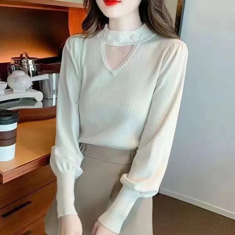 

Women's Knitwear V-neck Lantern Sleeve Base Shirt Autumn Winter New Style Pure Color Heavy Embellished Hollow out Long Sleeve