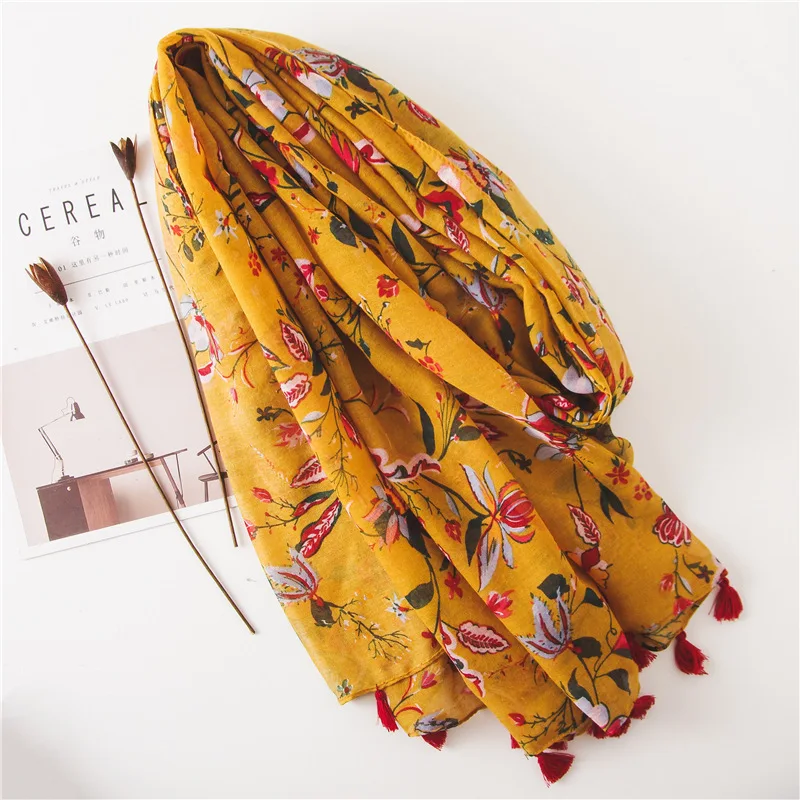 KYQIAO women pastoralism style long ginger print hijab scarf female winter boho muffler headband wrap pashmina muslim hijab