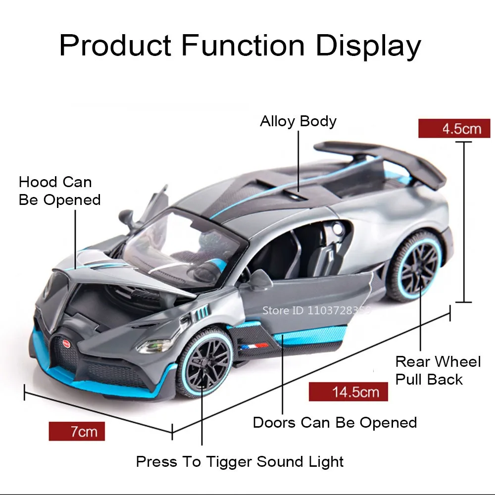 1:32 Scale DIVO CHIRON Supercar Model Toys Metal Diecast Sports Cars Sound Light Doors Opened Pull Back Toy Models for Kids Gift