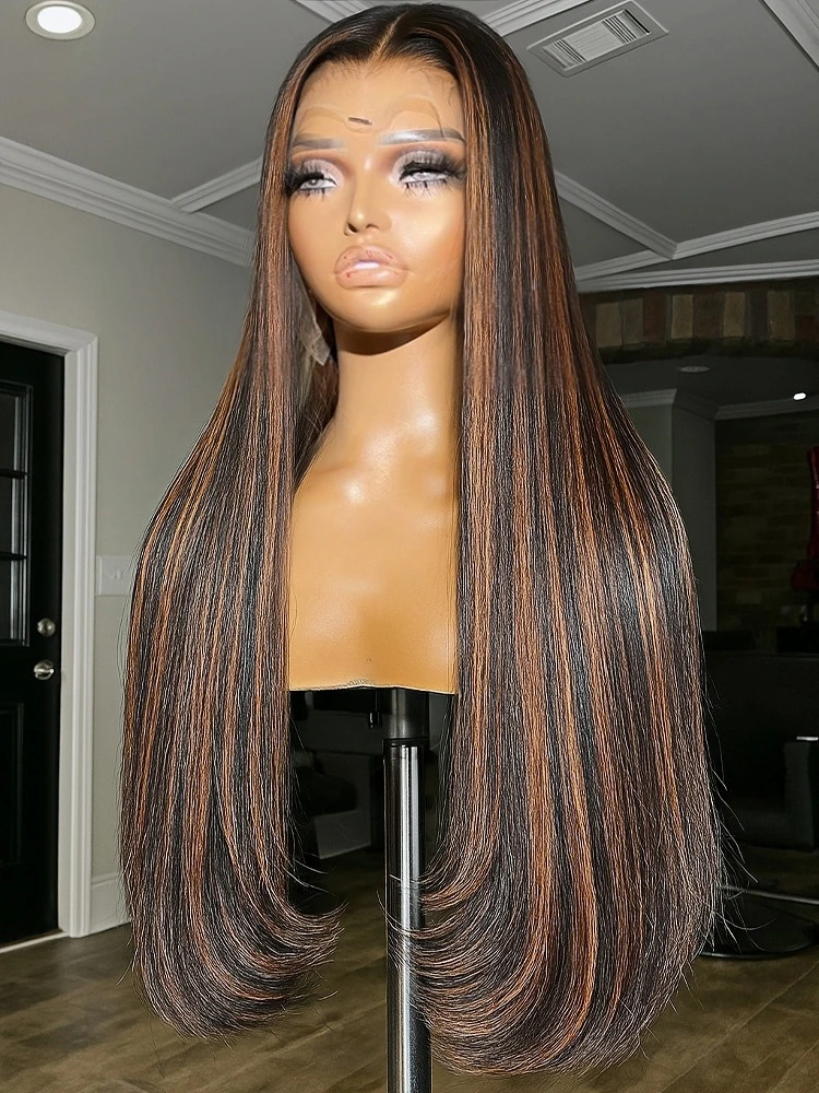 

1B/30 Balayage Highlight 13x4 Lace Frontal Wigs Human Hair 30 Inch Bone Straight Brazilian Omber Brown Colored Human Hair Wigs
