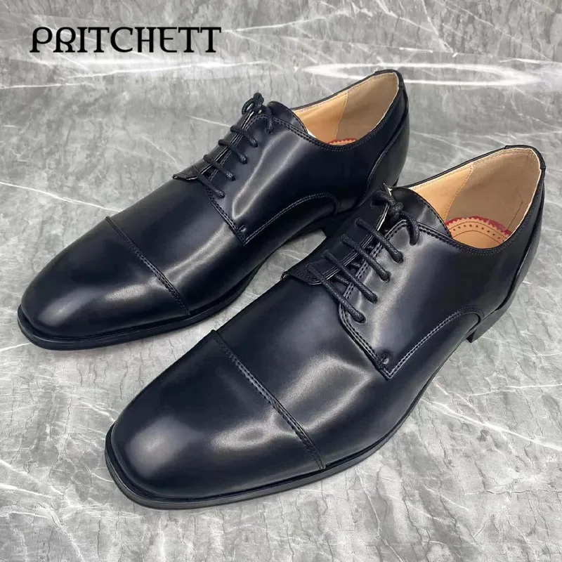 Black Business Strappy Leather Shoes with Round Toes and Square Roots High Quality Formal Large Size Leather Shoes for Men