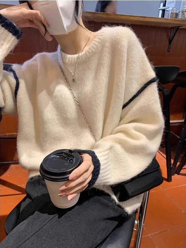 

White round Need Thiened Loose Bear Velvet Knitted Sweater Women's Autumn Winter Faion Lazy Sle Design Unique Knitwear