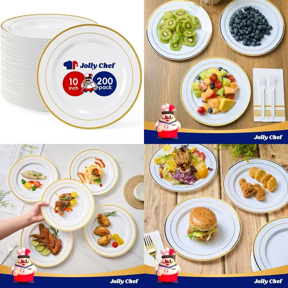 

Элегантные одноразовые 10-дюймовые белые обеденные тарелки с золотой оправой — упаковка из 200 пластиковых тарелок для особых мероприятий