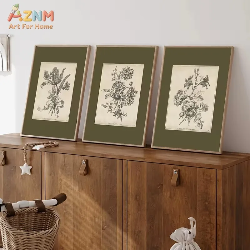 3PCS Vintage Botanical Sketch Canvas Wall Art Set Olive Green Mat Floral Engraving Prints Posters Antique Flower Illustration St