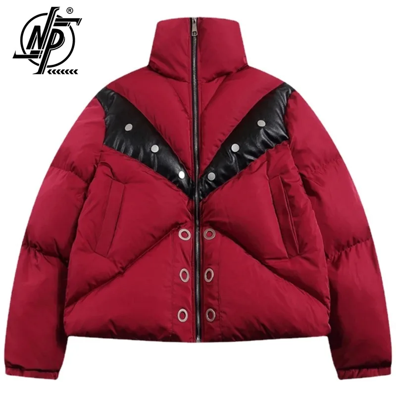 

Hip Hop Winter Parkas Men Fashion Puffer Jacket Padded Coat Leather Patchwork Thicken Warm Black Parkas Coats Man Trend Jackets