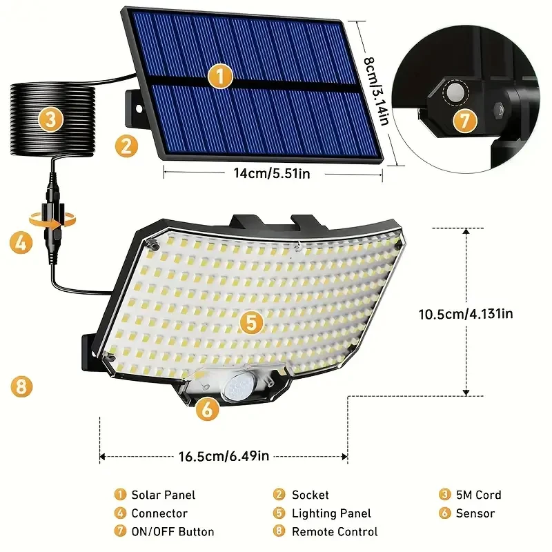 2 Stück 234LED Solar-Wandleuchte IP65 Wasserdicht Bewegungssensor Flutlicht Außen Split Sicherheitsbeleuchtung Lampe für Terrasse, Hof, Garage – Detail 4