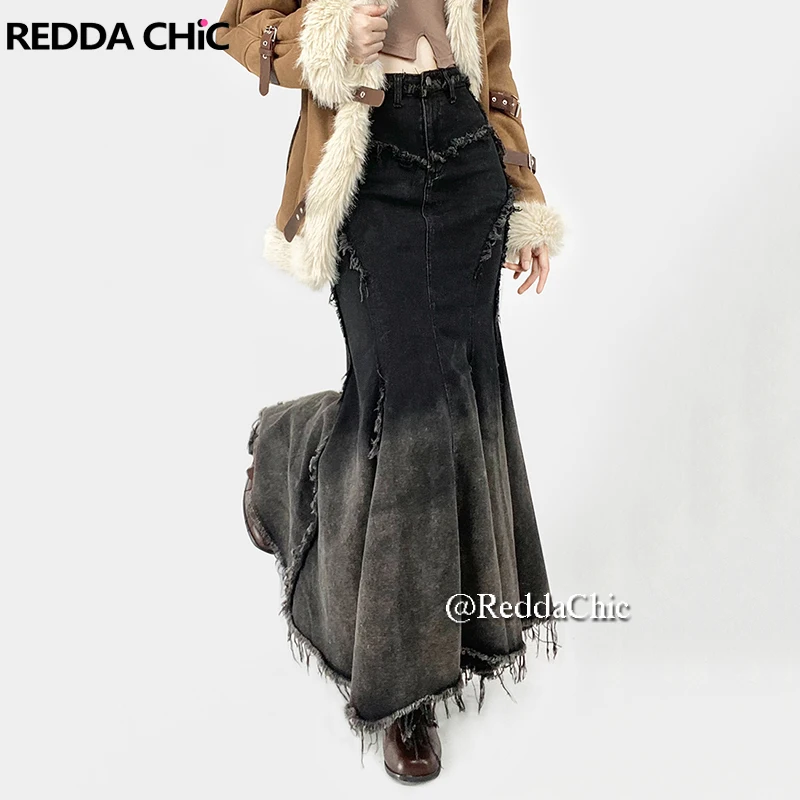 Reddachic denim ponto borda crua sereia saia feminina preto gradiente lavagem cintura alta magro maxi saia jeans longa roupas vintage