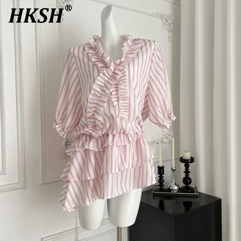 

HKSH Summer New Women Chic Y2K Korean High Street Elegant Temperament Striped Irregular Waist Slimming Ruffle Short Dress HK6035