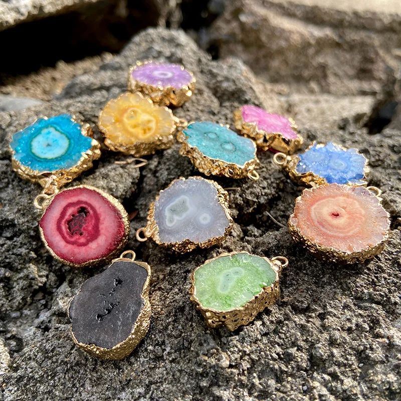 

2pcs New Natural Druzy Agates Pendant Connectors Gold Plated Double Hole Connectors for DIY Jewelry Making Accessories