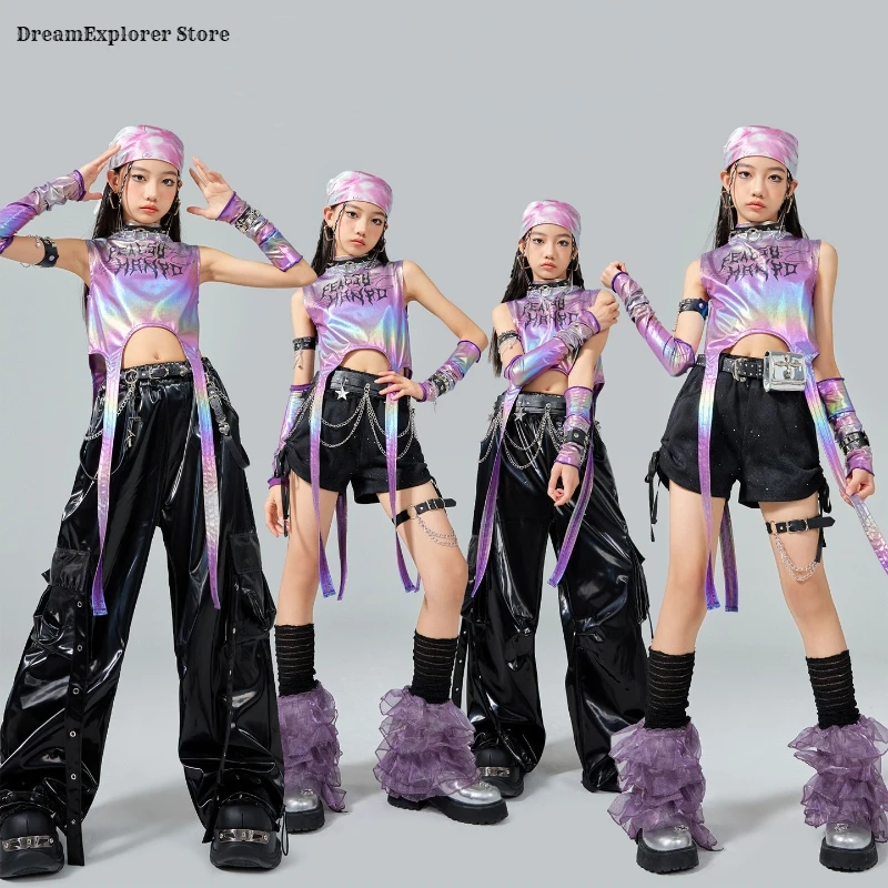 

Girls K-pop Shiny Crop Top Stree Dance Leather Cargo Pants Kids Hip Hop Jazz Clothes Sets Children Streetwear Girl Group Costume