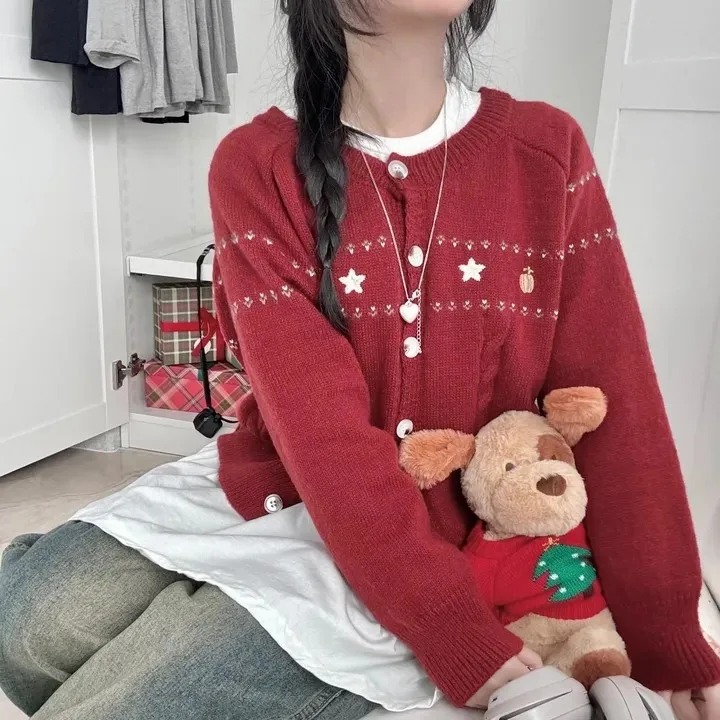 Dames chique los gebreide trui geborduurd zacht gezellig herfst winter faion vintage sle innerlijke slijtage top voor nieuwjaar