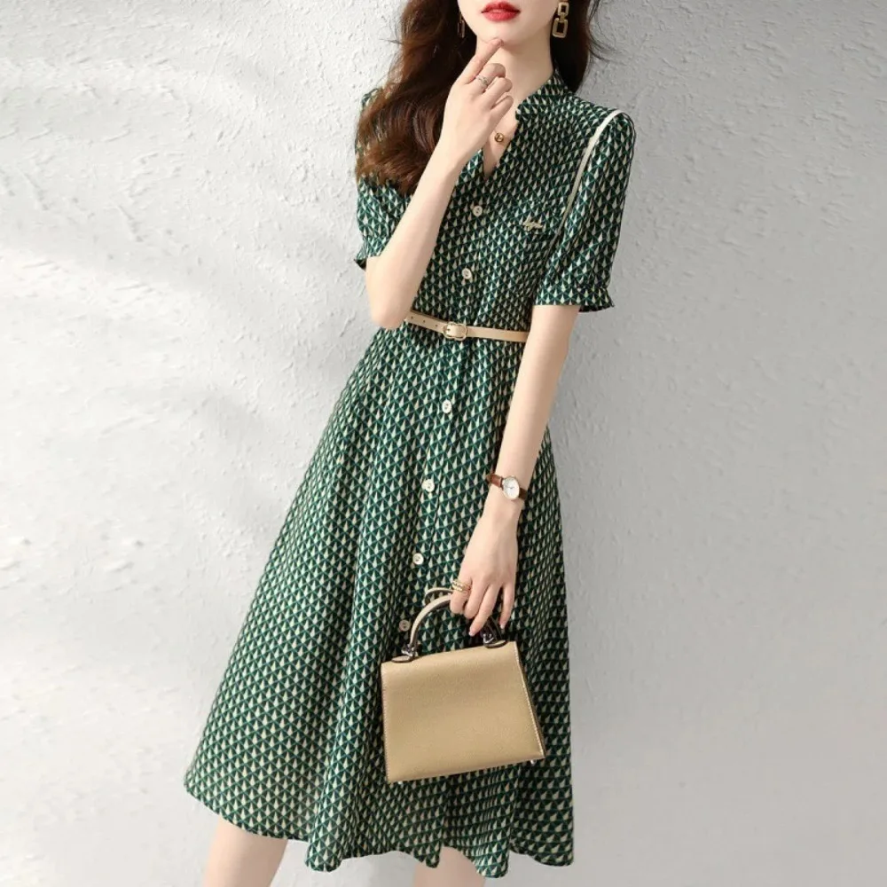 

Summer Fashion Korean Elegant Simple Print Belt Short Sleeve Tunic Button Shirt Dresses for Women Casual Slim Midi Dress Vestido