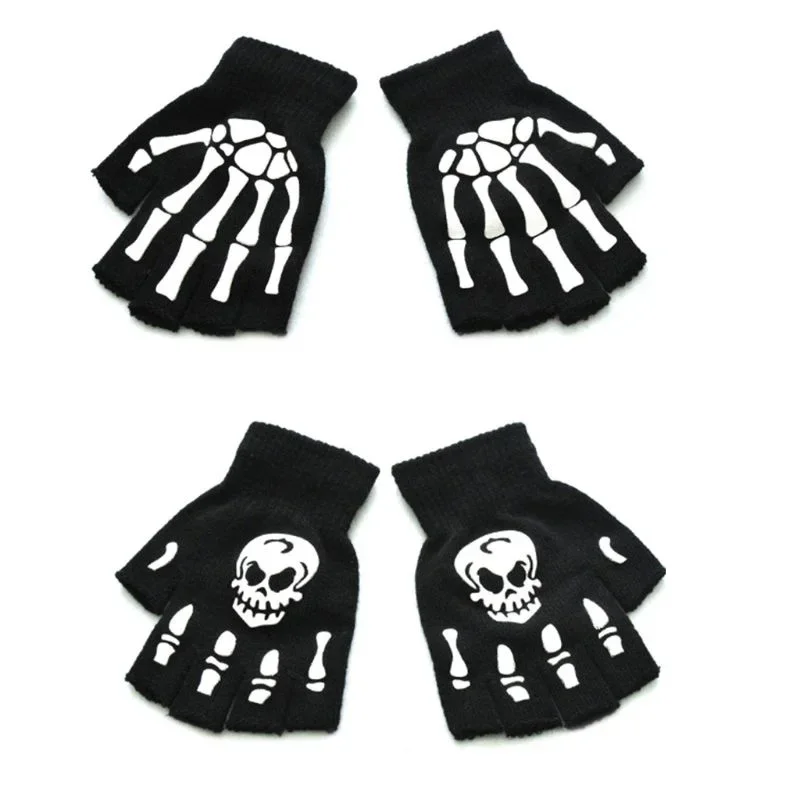 Adult Kid Luminous Gloves Halloween Bone Skeleton Head Gag Half Finger Mitten Winter Warm Fitness Cycling Glove Glow In The Dark