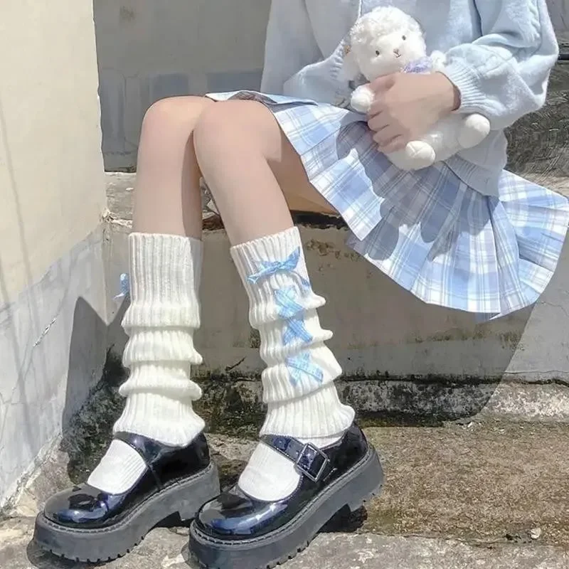 Women Cute Cross Bowknot Lace-up Leg Warmers Y2k Lolita Ballet Style Subculture Knitted Fabric Slimming Warm Slouchy Sock Covers