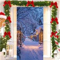 Winter Street Theme Background Snowflake Blue Sky Night Warm Streetlight Door Cover Party Decoration Poster Banner Prop Gift