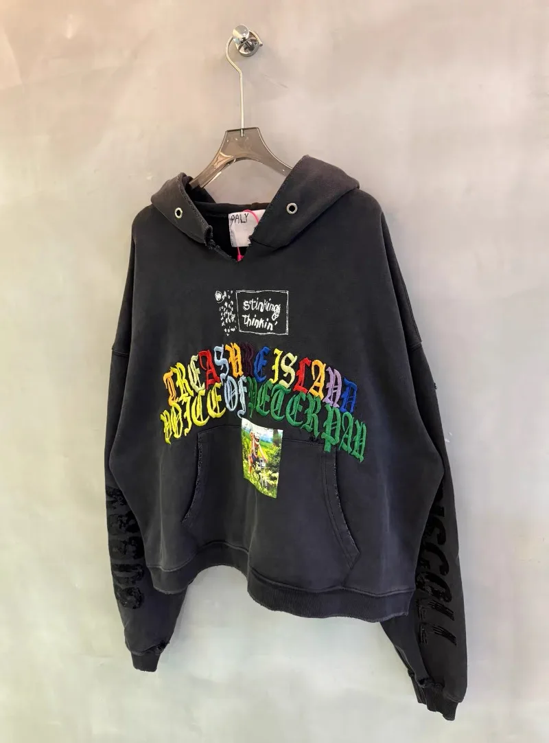 Paly Hollywood Multicolour Letter Embroidery Hoodies Men Women Black Distressed Oversized Hooded Sweatshir
