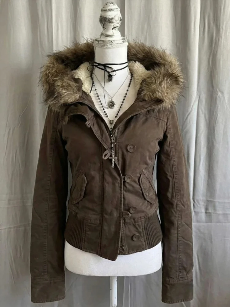 

2026 Spring Warm Overcoats Women Outwear Casual Y2k American Vintage Faux Fur Wool Coat Ladies Korean Fashion Khaki Jackets Chic