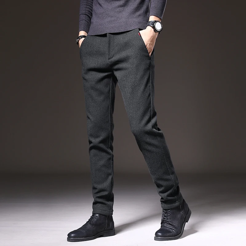 Winter Fleece Casual Pants Men Button Fly Solid Business Suit Pants Male Fashion Strreetwear Relaxed Fit Warm Winter Trousers