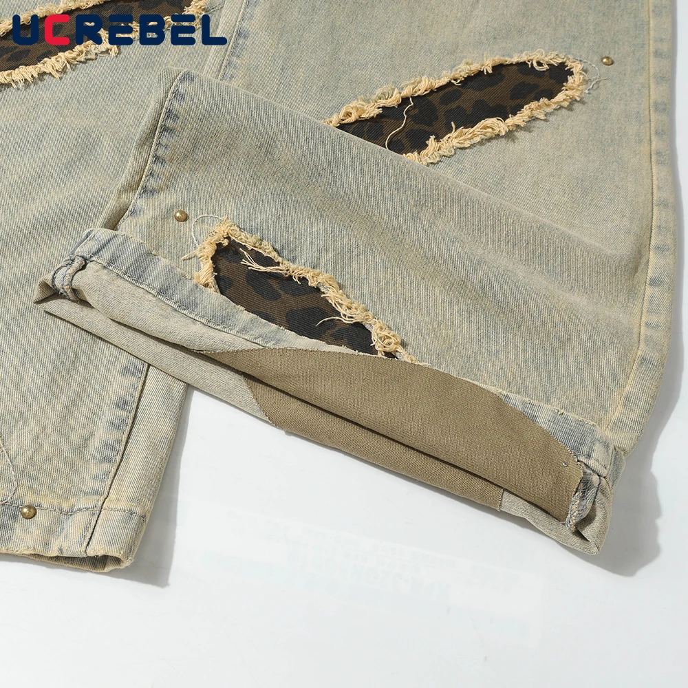 Leopard Print Patch Jeans Mens with Rivets Hip Hop High Street Washed Distressed Baggy Wide Leg Raw Edge Spliced Denim Pants Men