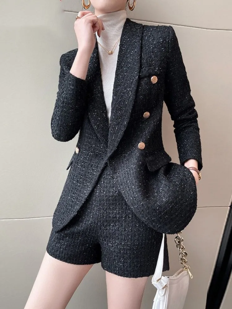 Autumn Women Double Breasted Tweed Suit Jacket High Waist Shorts Two Piece Set Office Lady Slim Fit Elegant Casual Suits Sets