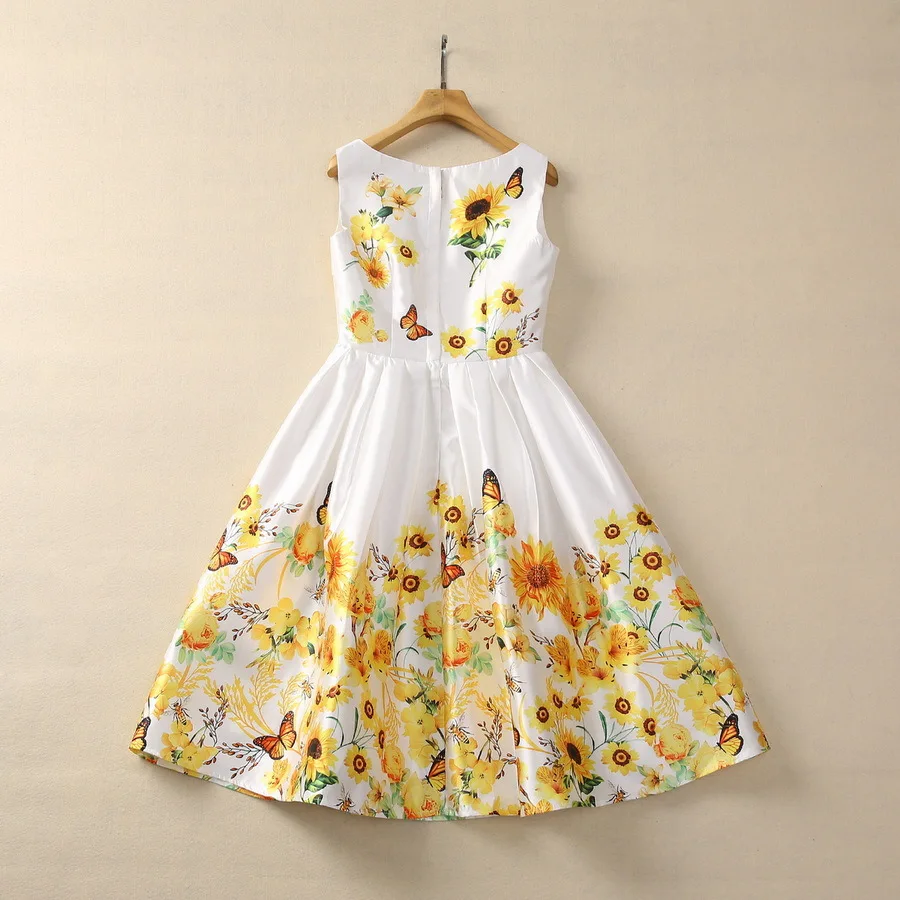 Europe and the United States women's 2024 winter new Round neck Sleeveless butterfly yellow flower print Fashion pleated dress