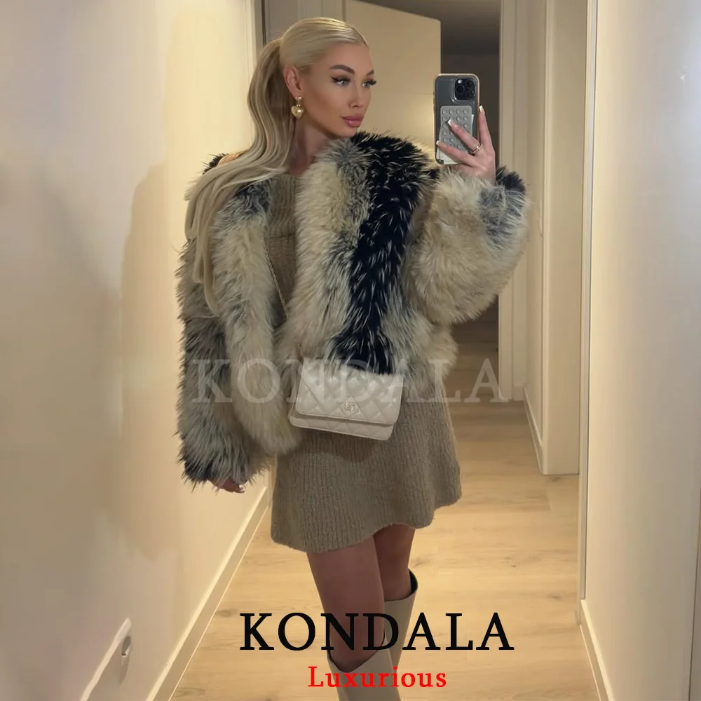 

KONDALA Streetwear Patchwork Fur Coats Women O Neck Long Sleeve Short Jackets Fashion 2026 Spring Winter Casual Elegant Outwears