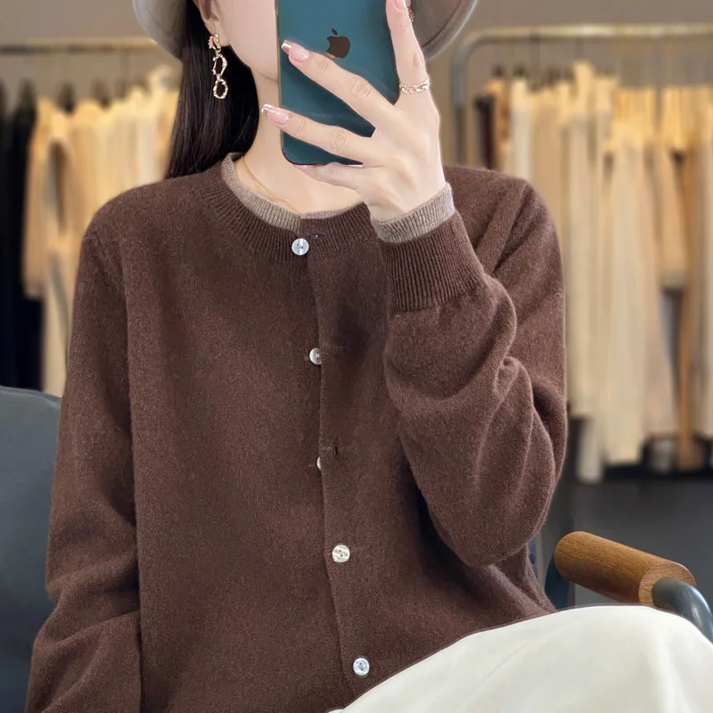 

Spring Autumn Women's Classic Wool Cardigan Long Sleeve Button Round Neck Fake Two Piece Sweater High Quality Loose Basic Top
