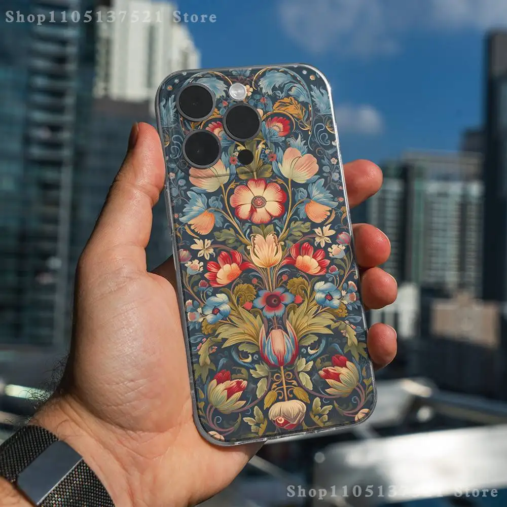 Coque de téléphone William Morris Strawberry Thief pour iPhone17,16,15,14,13,12,11 Pro,Max,Plus,X,XS,XR,SE4,E Mini couverture souple transparente