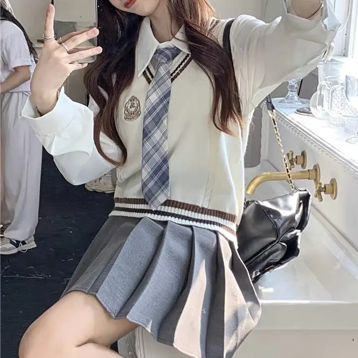 Traje de uniforme universitario Jk de Japón y Corea para mujer, Chaleco de punto, camisa, Falda plisada, conjunto de 3 piezas, conjunto de uniforme escolar de estilo universitario americano