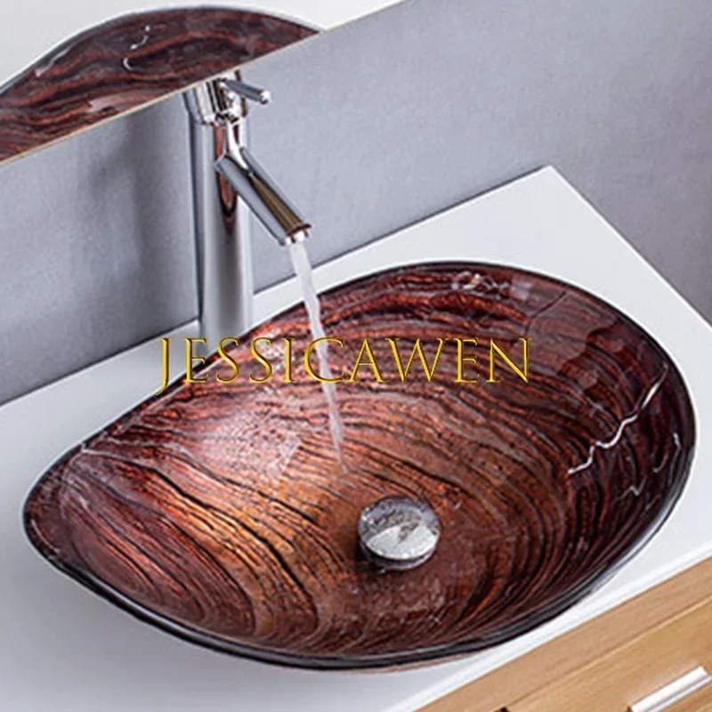 550*380*170mm Tempered Glass Bathroom Sinks Leaf Shape Countertop Art Basin Hotel Luxury Wash Basin with Faucet Drainer Set