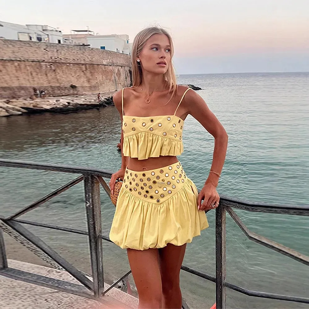 Nuevo Conjunto de falda Halter con dobladillo plisado decorado metálico, conjunto de mujer de fibra de poliéster hasta la rodilla de estilo transfronterizo de verano 2025