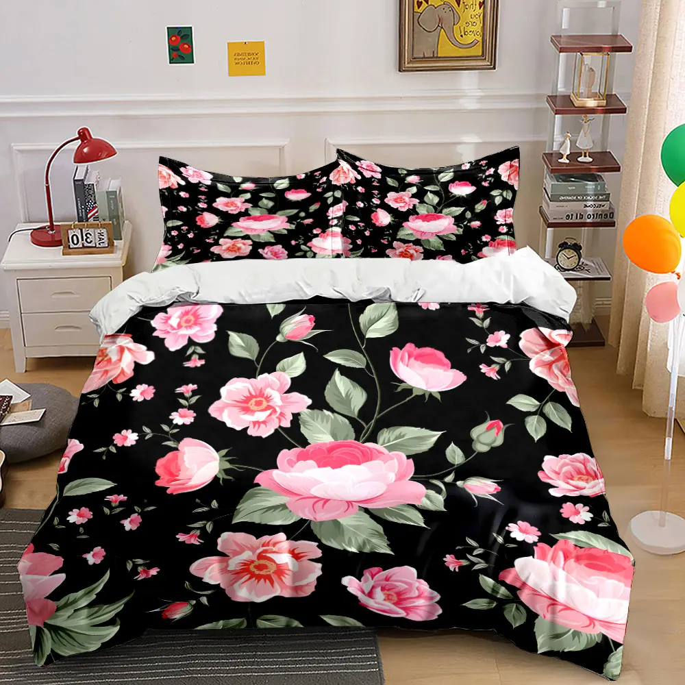 

Black background pink floral pattern Print Bedding Set 1 Duvet Cover 2 Pillowcases for Adult and Children Luxury Gift Full Size