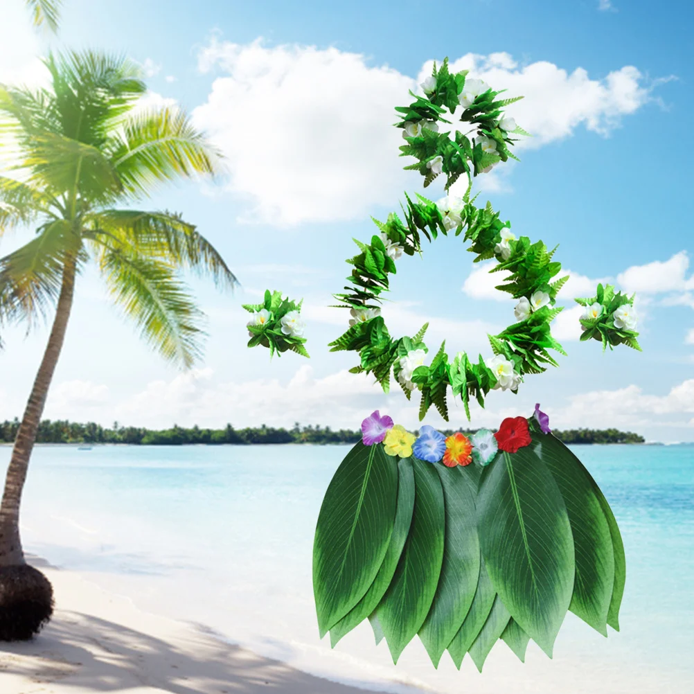 

5 Pcs Supplies Costumes Luau Party Skirt The Flowers Green Hawaiian Leaf Men and Women