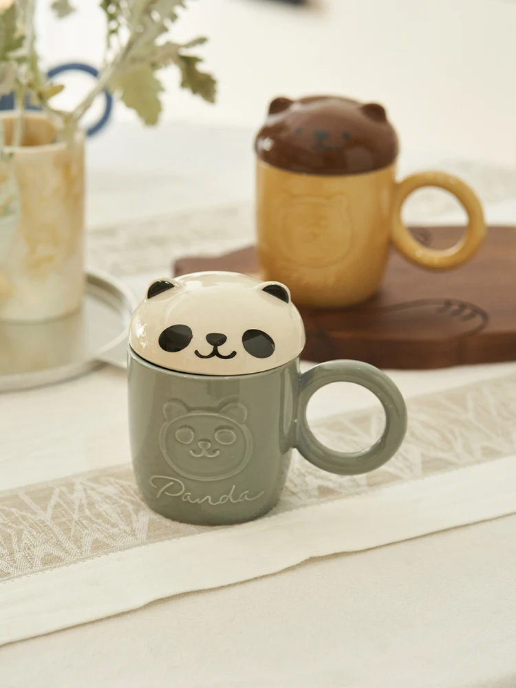 Coffee Cup Color Glaze Ceramic Relief Animal Mug with Lid Creative Niche Breakfast Office Tea Cup Water Cup  desk decoration