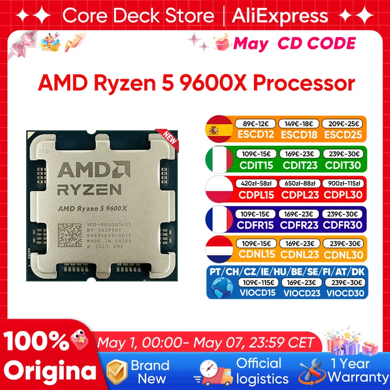 Processeur AMD Ryzen 5 9600X d'origine, 6 cœurs, 12 threads, R5 9600X, fréquence d'accélération de 3,9 GHz, jusqu'à 5,4 GHz, 4 nm, TDP 65 W, socket AM5