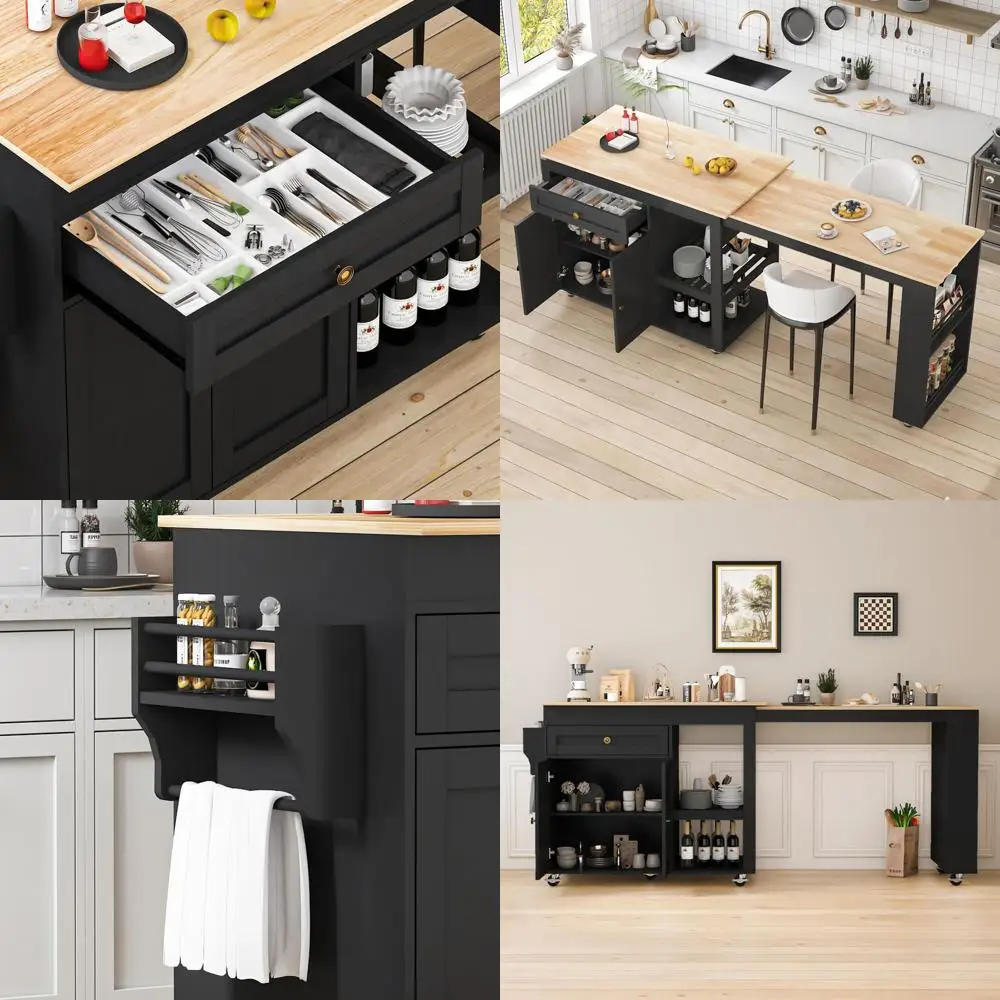 جزيرة المطبخ المتدحرجة مع طاولة قابلة للتمديد، رف توابل، درج وخزانة، أسود #1