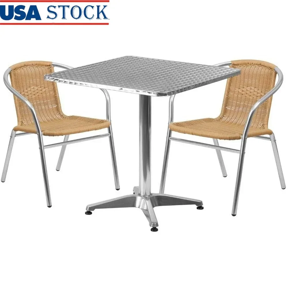 

27.5 Inch Square Aluminum Table Set with 2 Rattan Chairs Indoor Outdoor Use Lightweight Commercial Residential Dining Furniture
