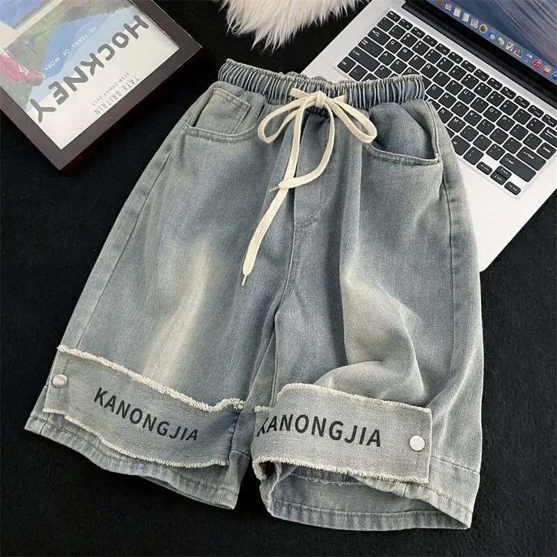 Yellow mud denim shorts men's trendy brand hand some American retro washed workwear style loose casual casual mid-length pants