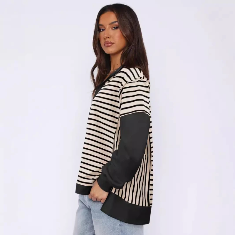 2024 Fashion New Color Block Loose Stripe Hoodie Split Hem Casual Autumn Winter Slimming Top For Women